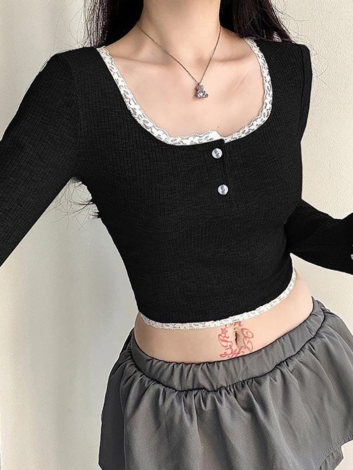 Lace Rib Square Neck Long Sleeve Top - AnotherChill