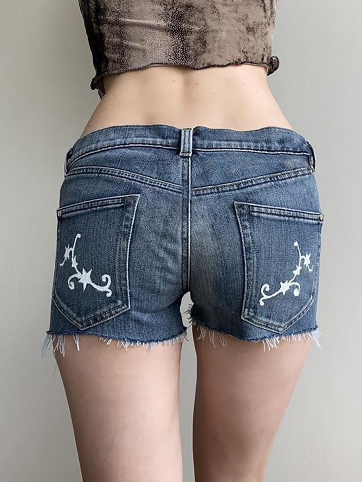 Lace Star Patch Raw Hem Low-Waist Denim Shorts - AnotherChill