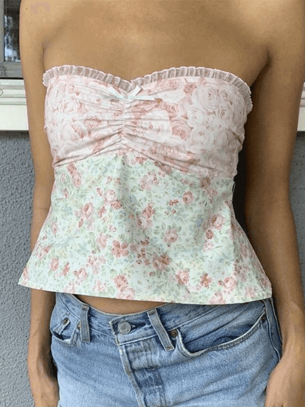 Lace Stitching Plaid Bandeau Top - AnotherChill