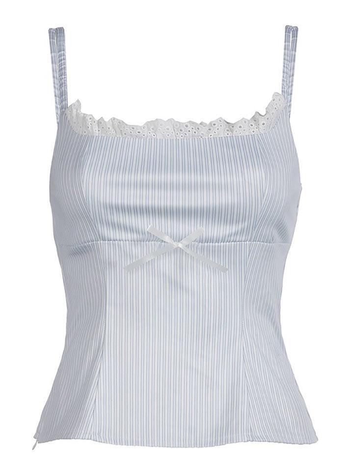 Lace-Trim Bow Accent Striped Slim-Fit Cami Top - AnotherChill