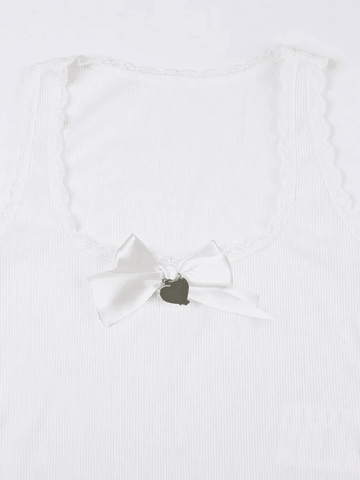 Lace Trim Bow White Tank Top - AnotherChill