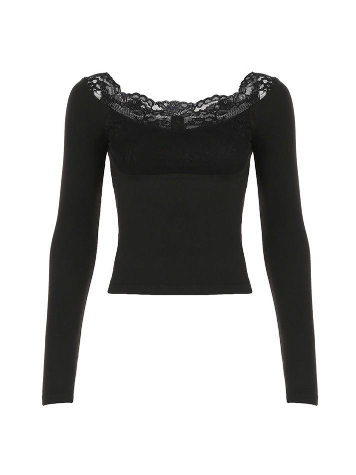 Lace Trim Collared Fitted Long Sleeve Top - AnotherChill