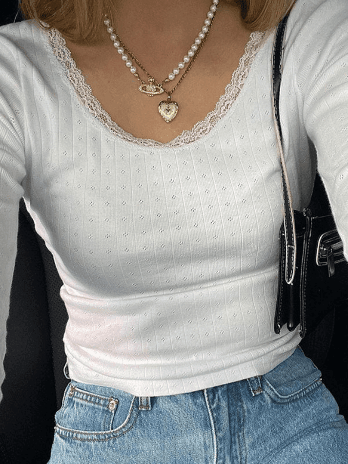 Lace Trim White Knit Top - AnotherChill