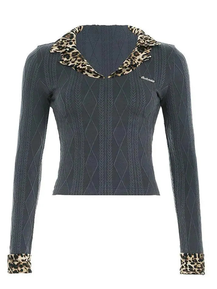 Leopard Print Collar Contrast Long Sleeve Top - AnotherChill