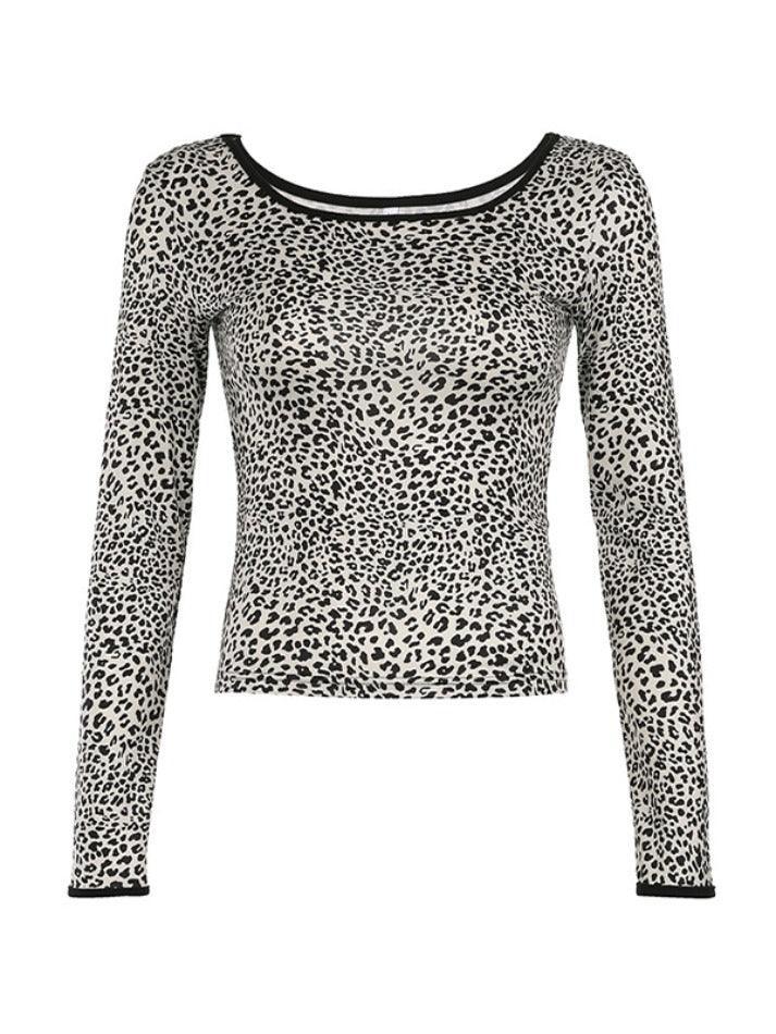 Leopard Print Round Neck Off Shoulder Long Sleeve Tee - AnotherChill