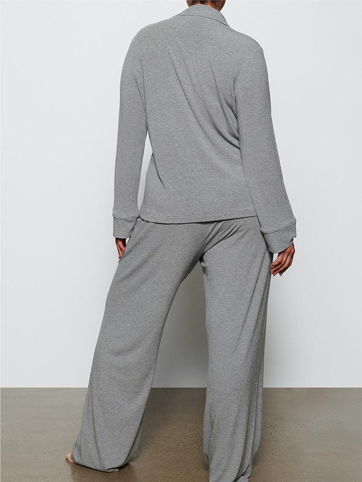 Long Sleeve Button Down Ribbed Knit Pajamas Set - AnotherChill