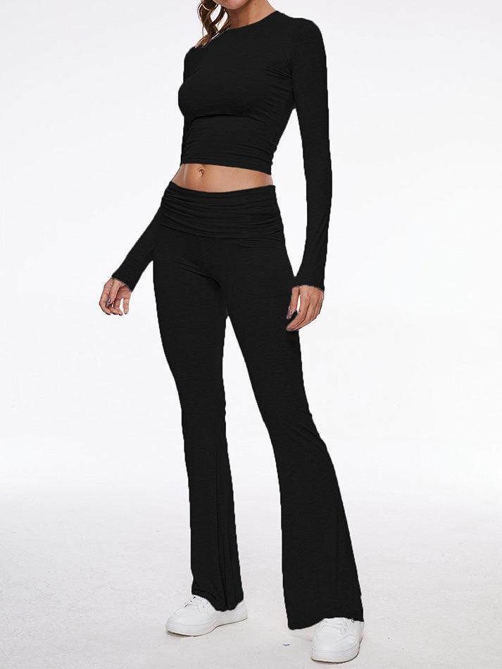 Long Sleeve Cropped Top Fold-over Flare Pants Set - AnotherChill