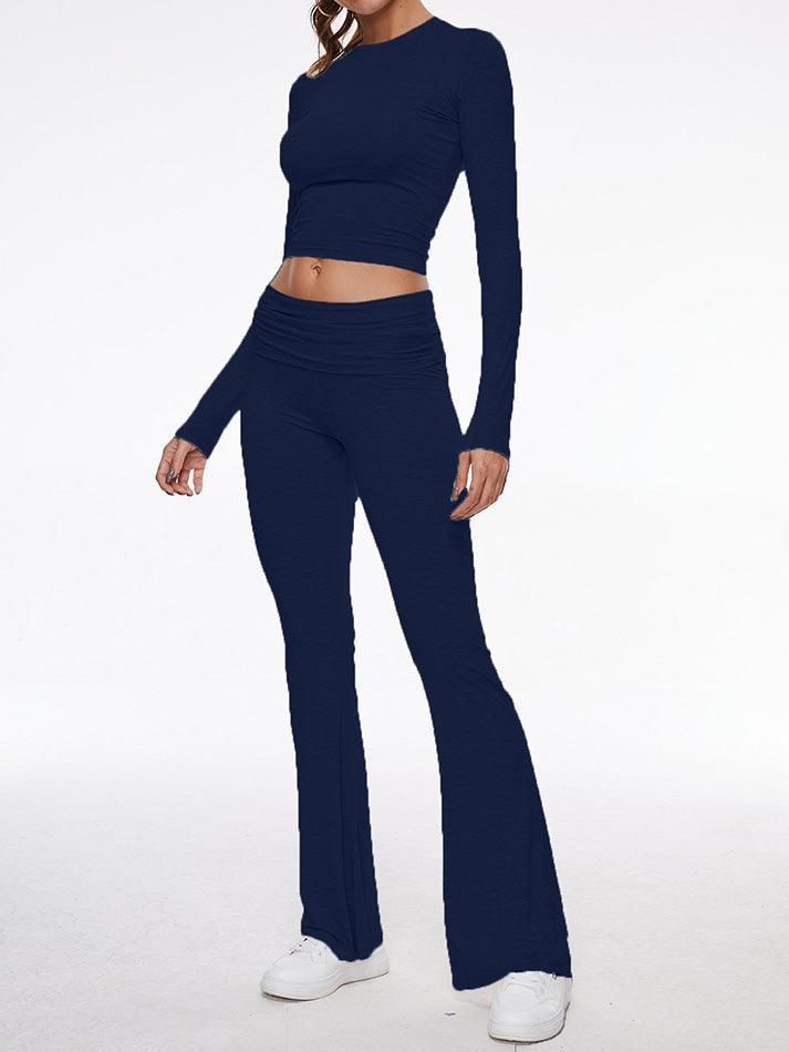 Long Sleeve Cropped Top Fold-over Flare Pants Set - AnotherChill