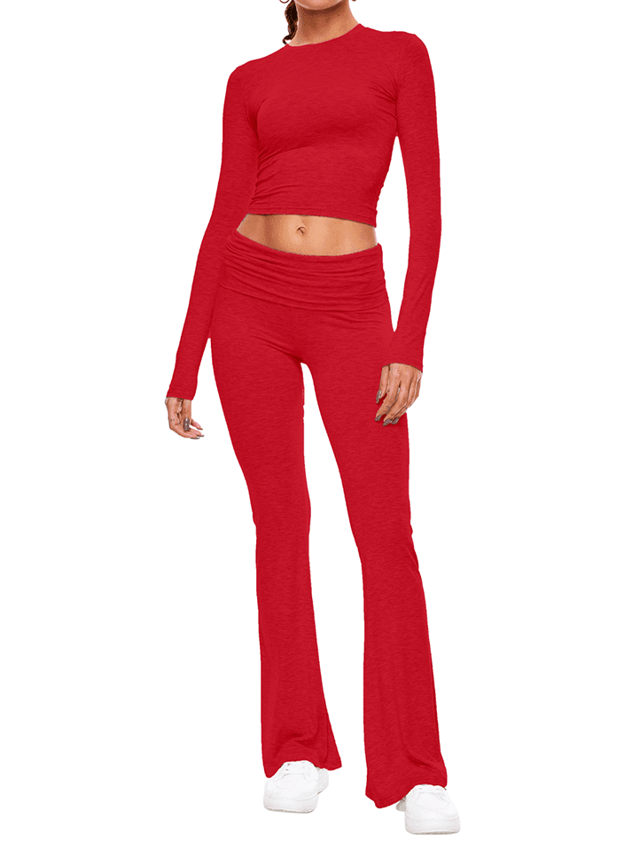 Long Sleeve Cropped Top Fold-over Flare Pants Set - AnotherChill