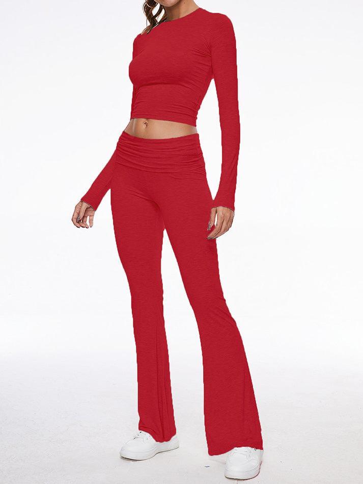 Long Sleeve Cropped Top Fold-over Flare Pants Set - AnotherChill