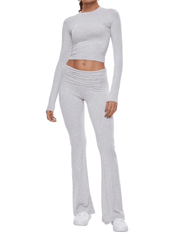 Long Sleeve Cropped Top Fold-over Flare Pants Set - AnotherChill