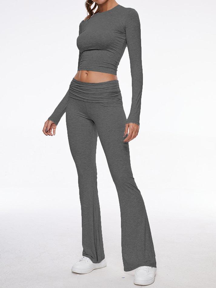 Long Sleeve Cropped Top Fold-over Flare Pants Set - AnotherChill