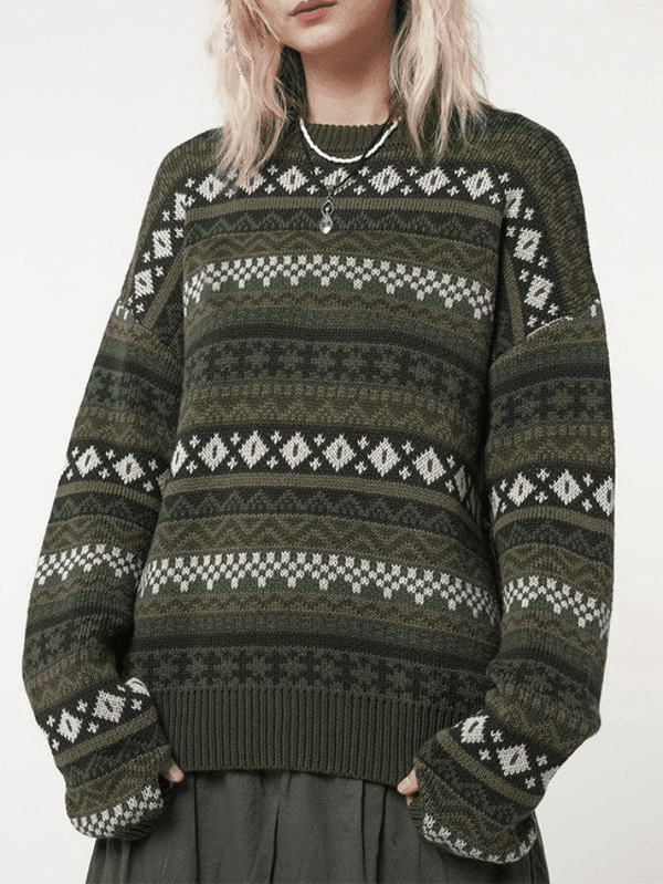 Long Sleeve Vintage Jacquard Sweater - AnotherChill