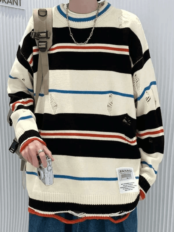 Men's Color Block Striped Distressed Sweater - AnotherChill