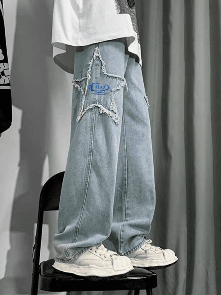 Men's Distressed Star Embroidered Loose Jeans - AnotherChill