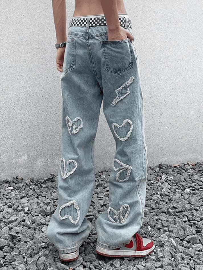 Men's Heart Patch Light Wash Loose Jeans - AnotherChill