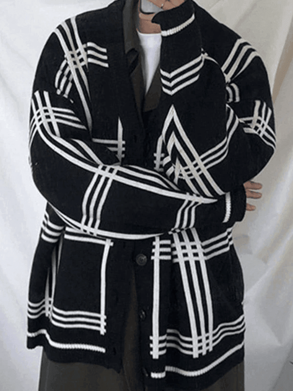 Men's V Neck Checkered Cardigan - AnotherChill