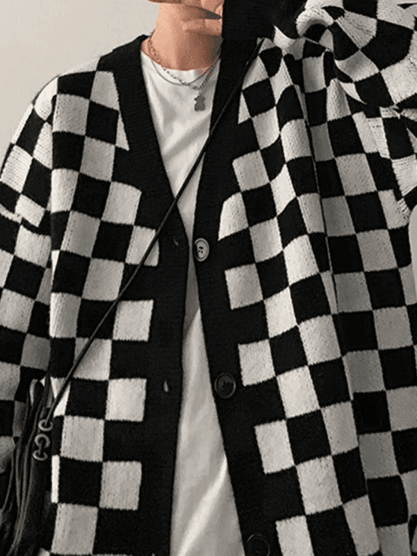 Men's V Neck Checkered Cardigan Sweater - AnotherChill