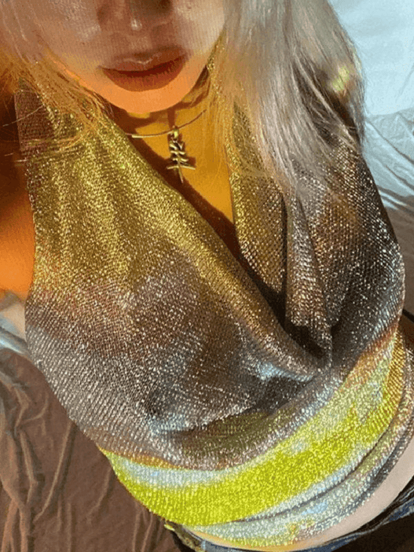 Metallic Silver Halter Cropped Tank Top - AnotherChill