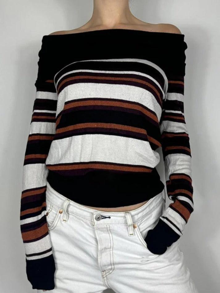 Off Shoulder Striped Print Sweaters - AnotherChill