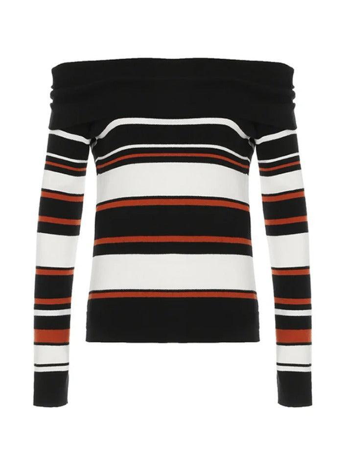 Off Shoulder Striped Print Sweaters - AnotherChill