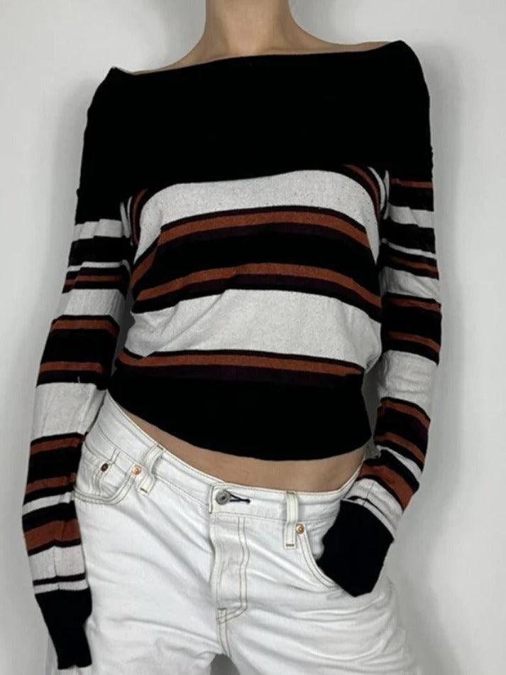 Off Shoulder Striped Print Sweaters - AnotherChill