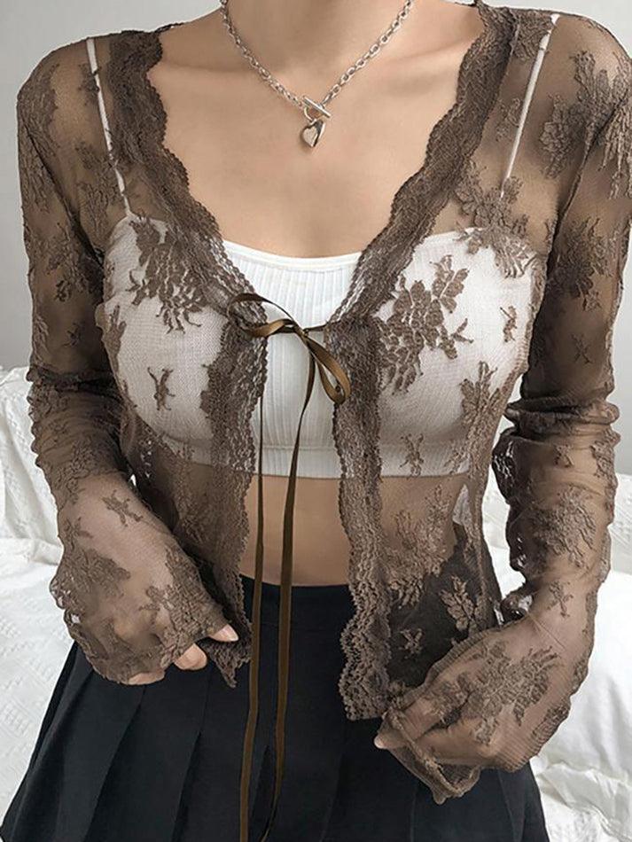 Open Front Lace Long Sleeve Crop Blouse - AnotherChill