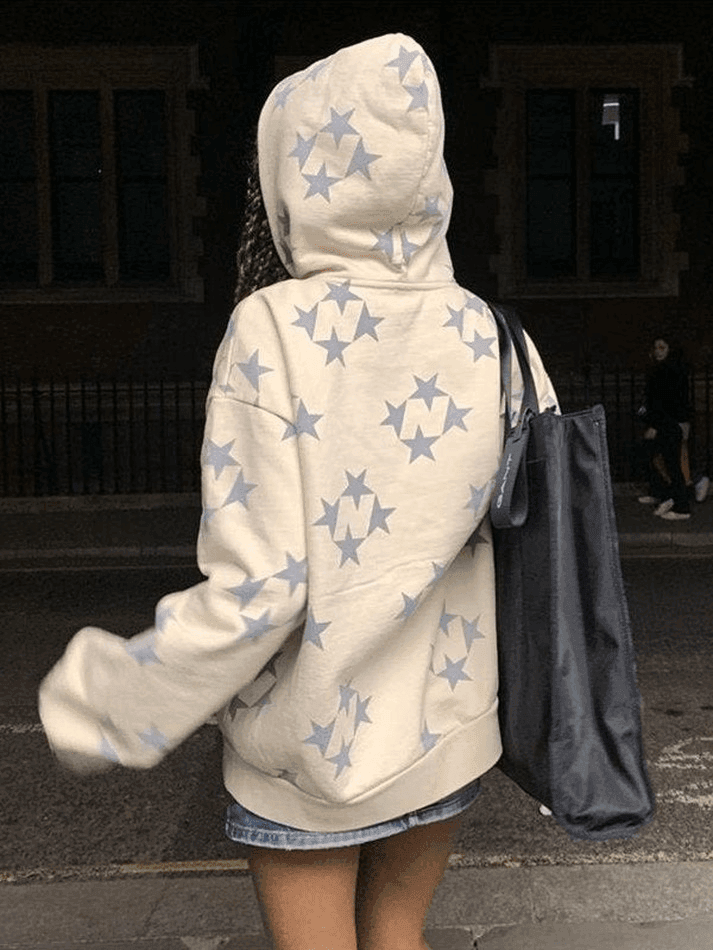 Oversized Star Print Zip Up Hoodie - AnotherChill