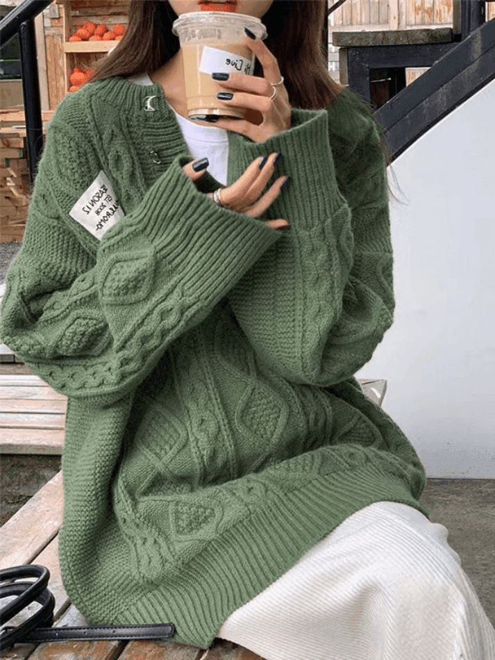 Oversized V Neck Cable Knit Sweater - AnotherChill