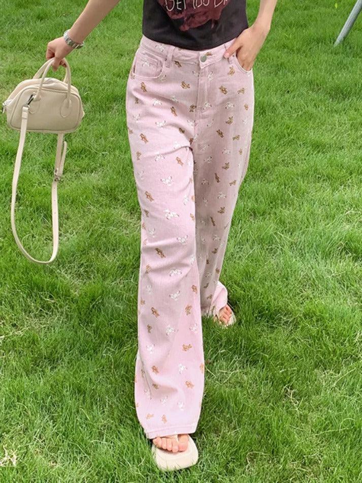 Pink Bear Print Boyfriend Jeans - AnotherChill