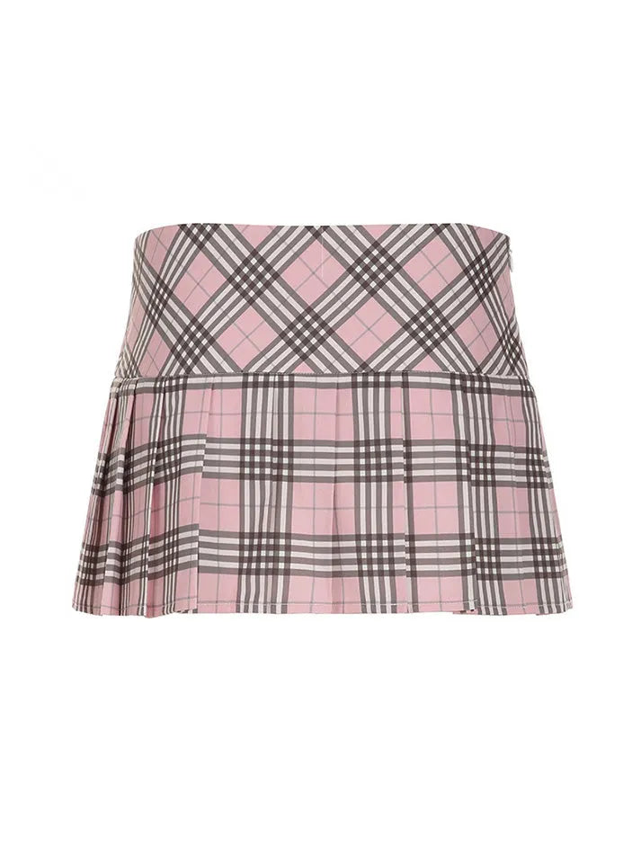 Pink Plaid Contrast Low-Waist Pleated Skirt - AnotherChill