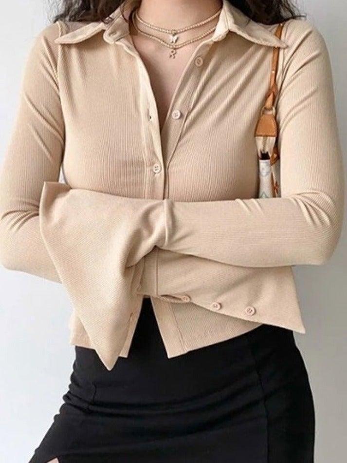 Polo Neck Long Sleeve Rib Blouse - AnotherChill