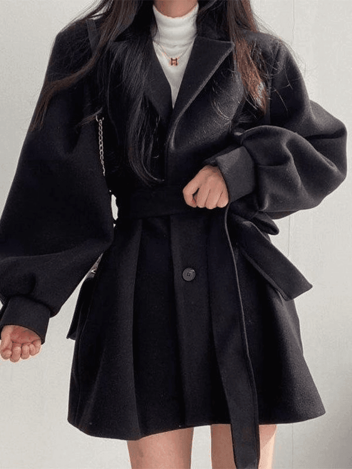 Puff Sleeve Belted Woolen Coat - AnotherChill