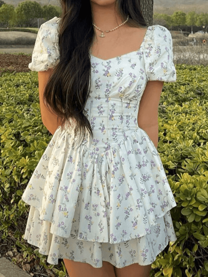 Puff Sleeve Floral Corset Mini Dress - AnotherChill