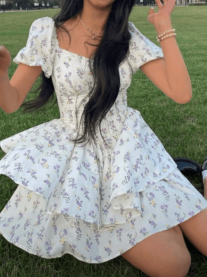 Puff Sleeve Floral Corset Mini Dress - AnotherChill