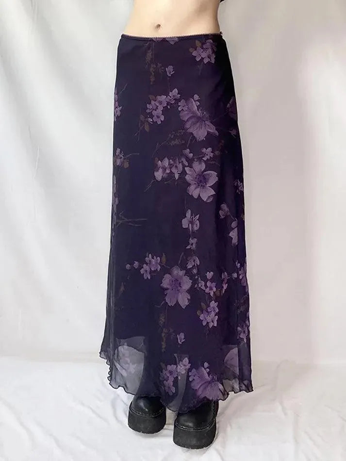 Purple Floral Print Mesh Maxi Dress - AnotherChill