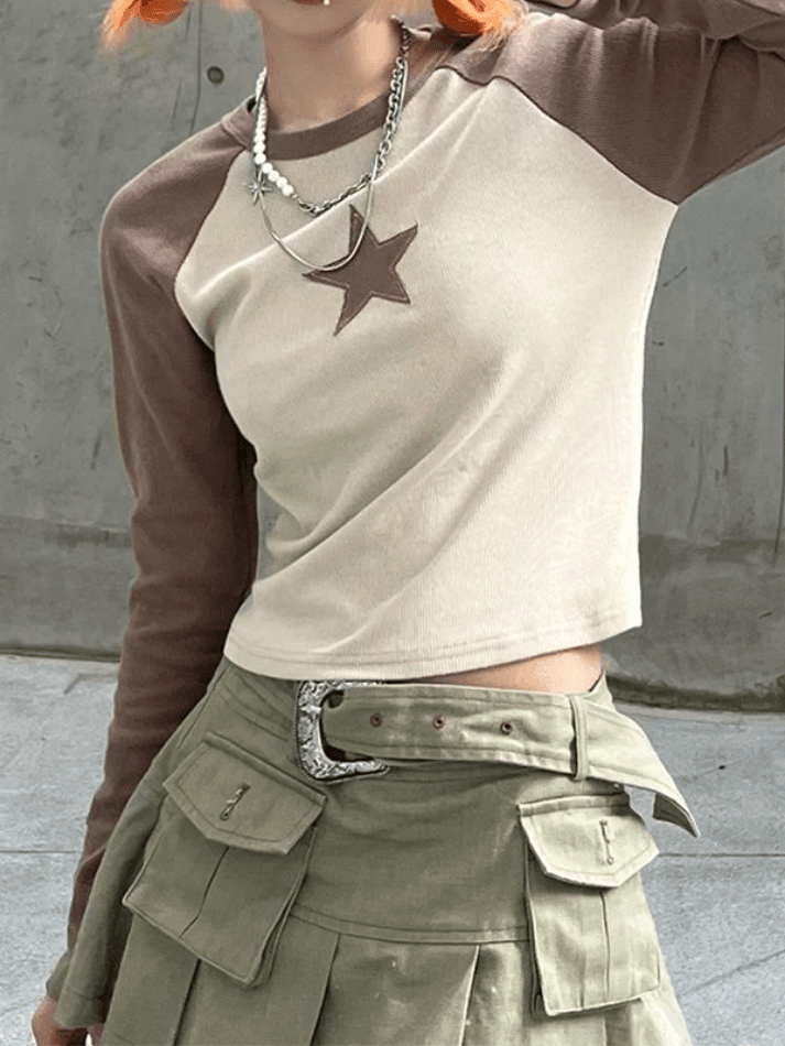 Raglan Sleeve Star Patch Knit Crop Top - AnotherChill