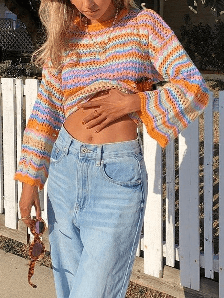 Rainbow Stripe Crochet Knit Sweater - AnotherChill