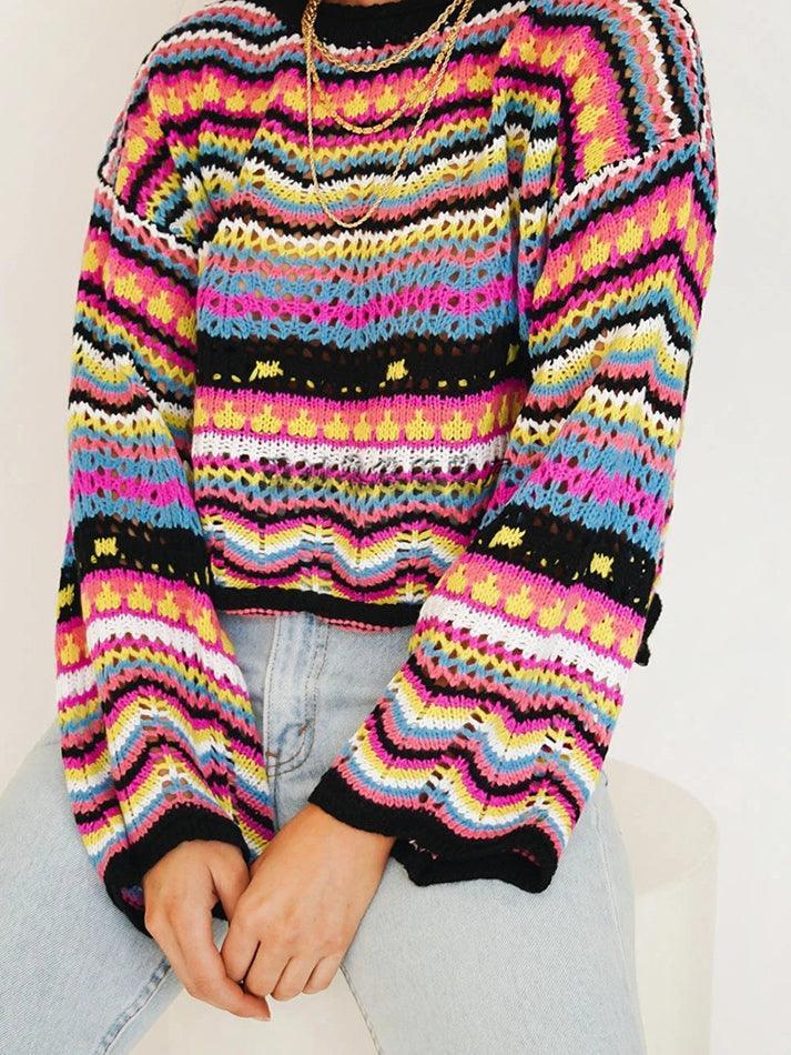 Rainbow Stripe Crochet Knit Sweater - AnotherChill