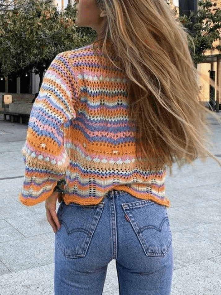 Rainbow Stripe Crochet Knit Sweater - AnotherChill