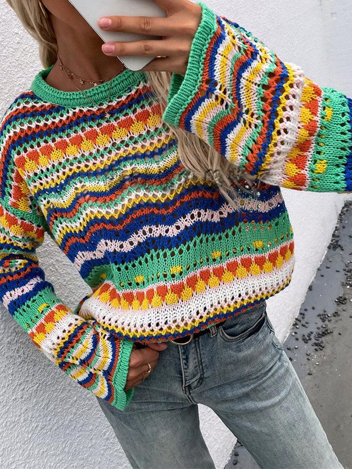 Rainbow Stripe Crochet Knit Sweater - AnotherChill