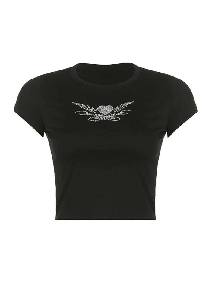 Rhinestone Heart Wing Pattern Crop Top - AnotherChill