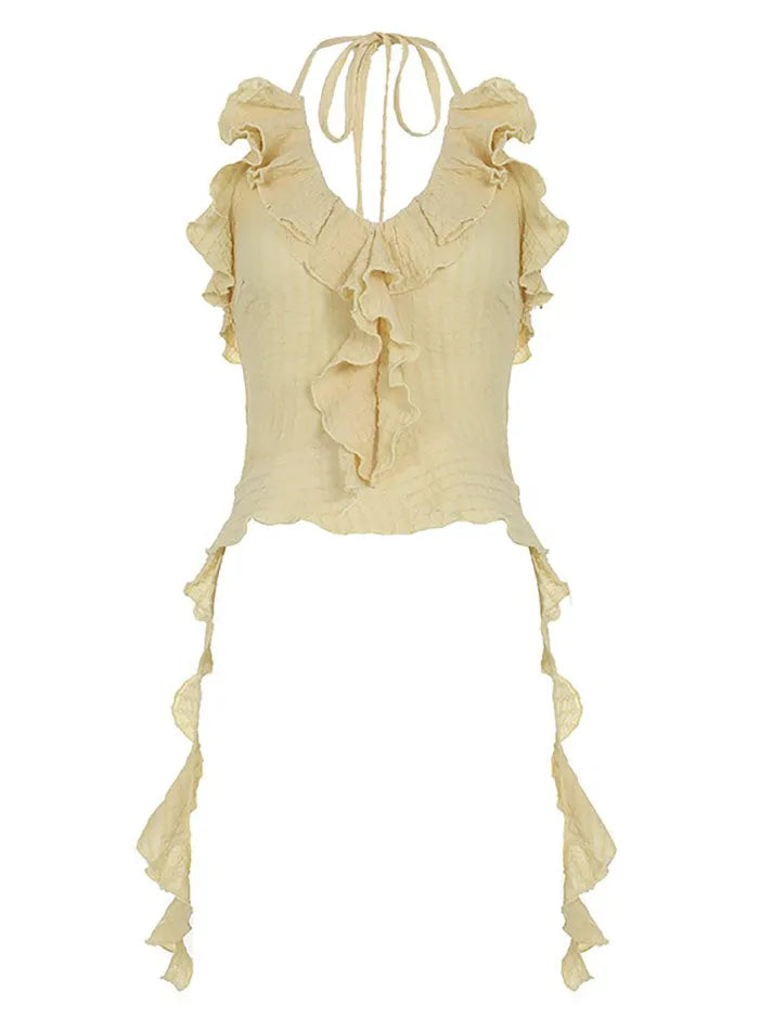 Ruffled Tie Solid Halter Crop Top - AnotherChill