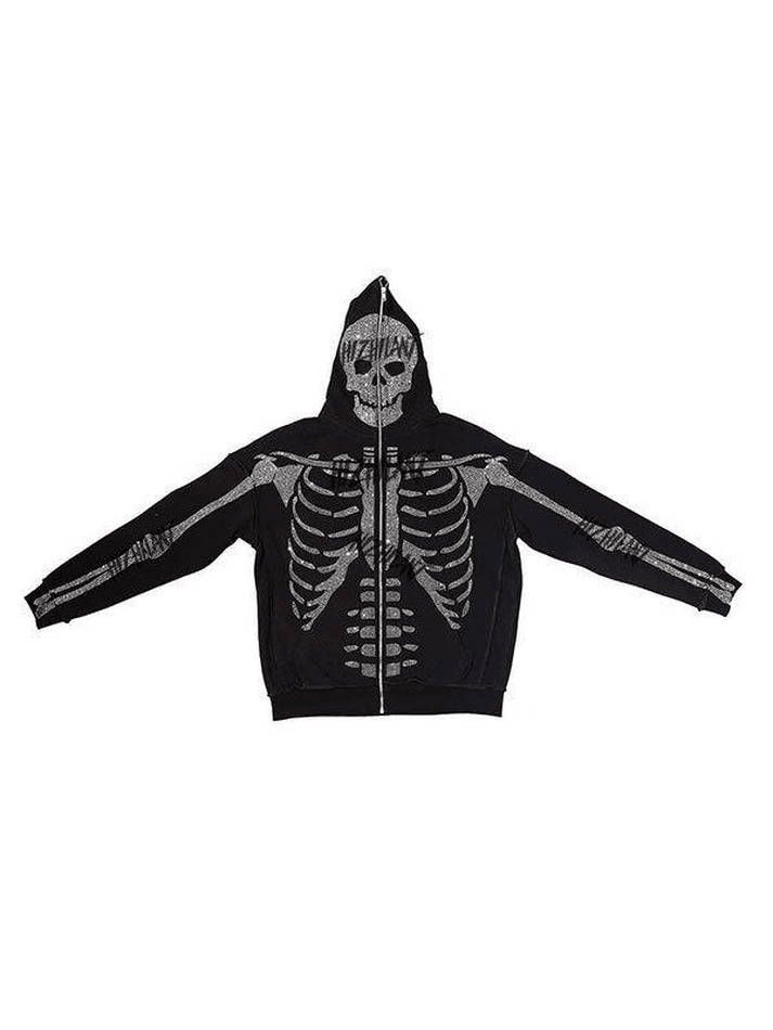 Skull Rhinestone Zipper Hoodie - AnotherChill