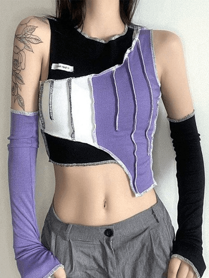 Sleeve Detail Irregular Patchwork Crop Top - AnotherChill