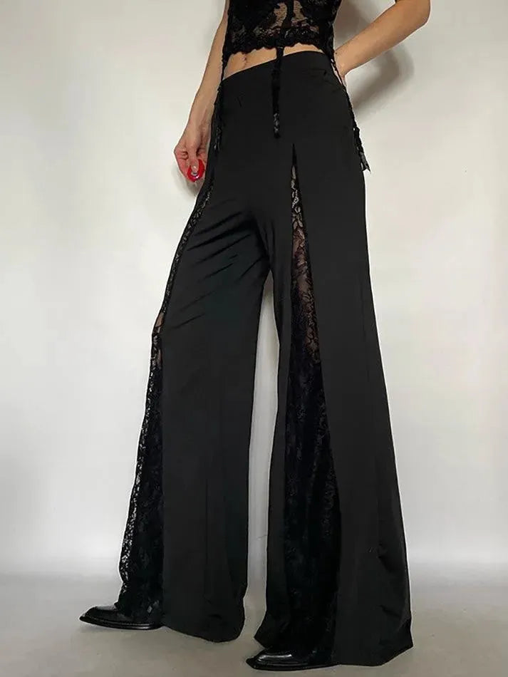 Solid Color Lace Trim Flared Pants - AnotherChill