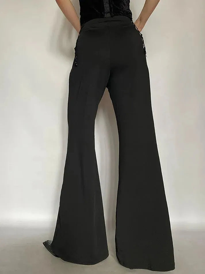 Solid Color Lace Trim Flared Pants - AnotherChill