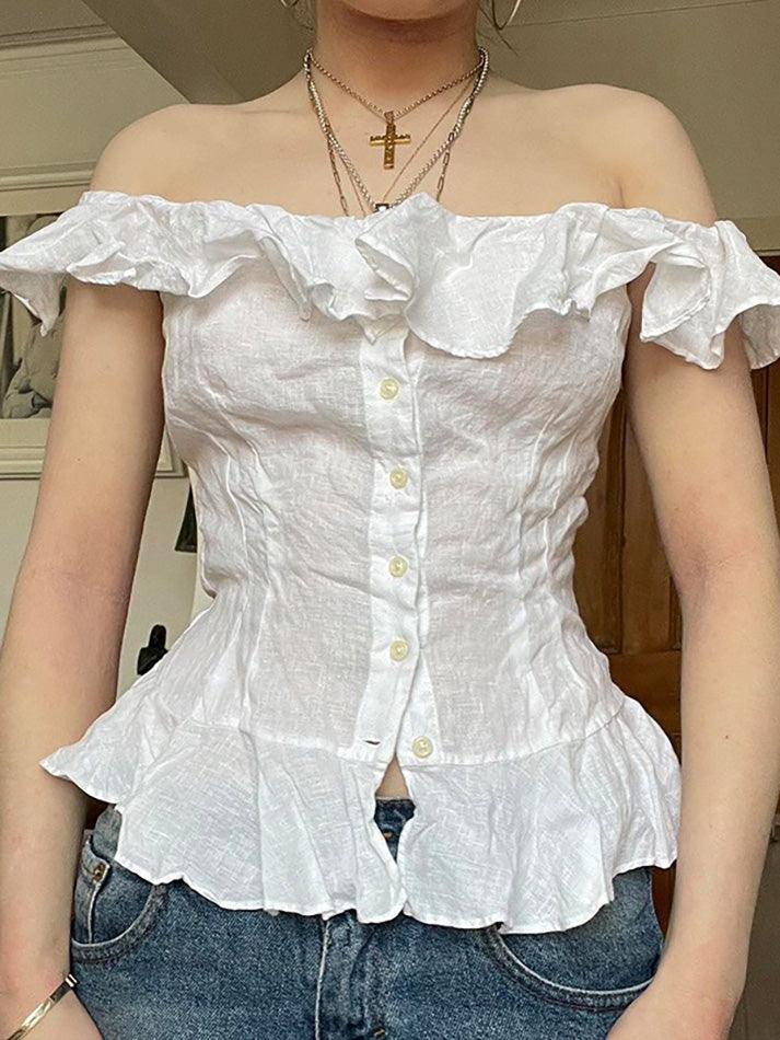 Solid Color Ruffle Button Up Off-Shoulder Top - AnotherChill