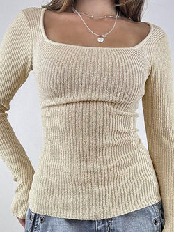 Solid Color Square Neck Ribbed Long Sleeve Top - AnotherChill