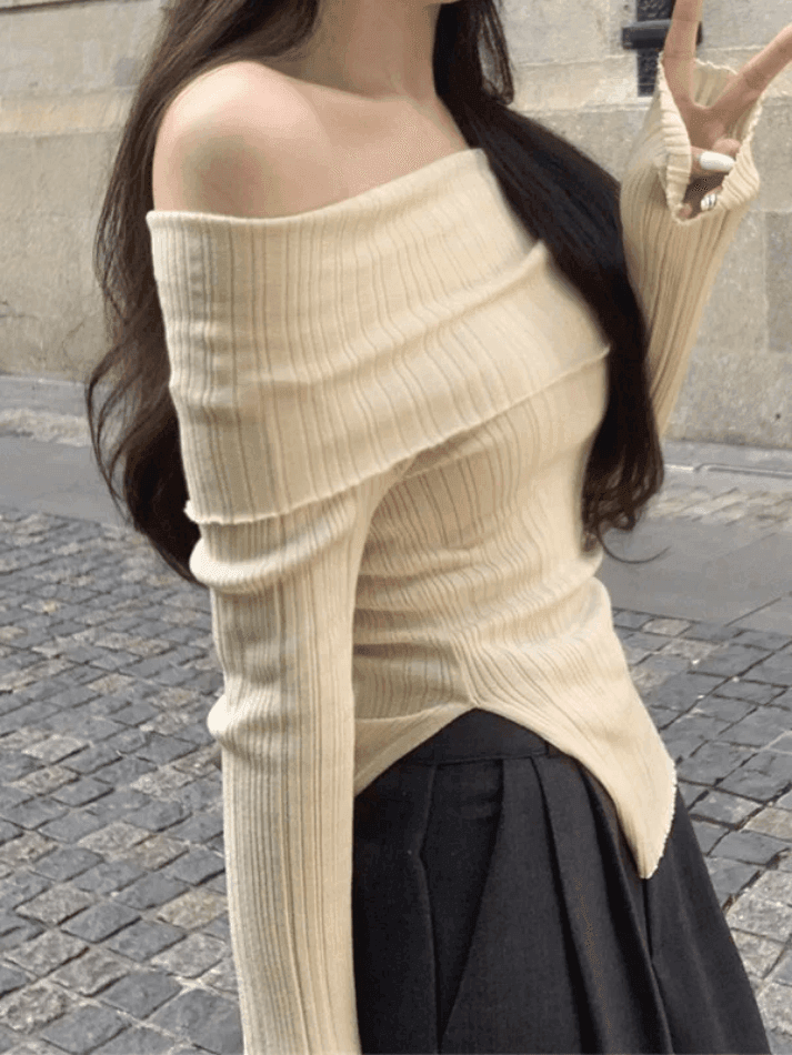 Split Off Shoulder Ribbed Knit Top - AnotherChill